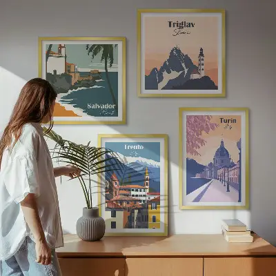 Kalnų retro architektūros iliustracijų rinkinys 4 paveikslai su rėmais