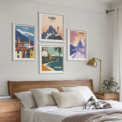 4 paveikslų rinkinys su rėmais Kalnų retro architektūros iliustracijos