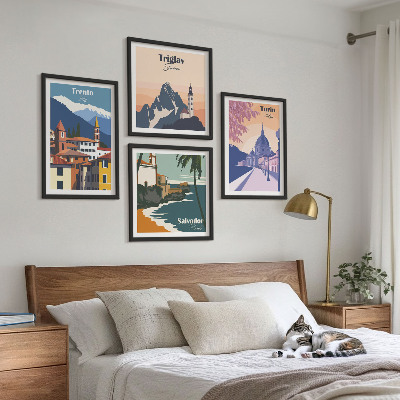 4 paveikslų rinkinys su rėmais Kalnų retro architektūros iliustracijos