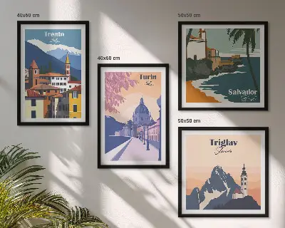 Kalnų retro architektūros iliustracijų rinkinys 4 paveikslai su rėmais