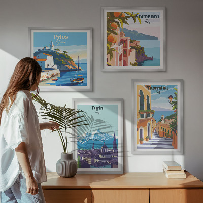 Daugiadalis paveikslas su rėmu Spalvingos retro miestų iliustracijos