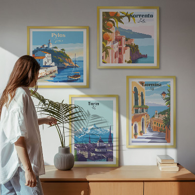 Daugiadalis paveikslas su rėmu Spalvingos retro miestų iliustracijos