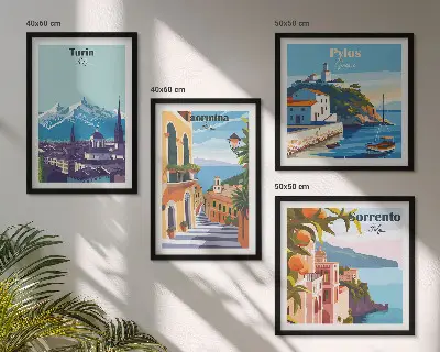 Daugiadalis paveikslas su rėmu spalvingos retro stiliaus miestų iliustracijos