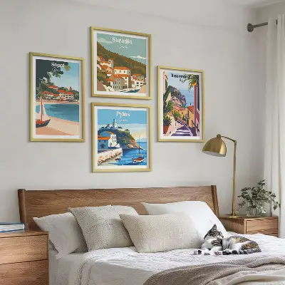Pajūrio miestelių iliustracijos 4 paveikslų rinkinys su rėmais