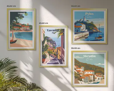 Pajūrio miestelių iliustracijos 4 paveikslų rinkinys su rėmais