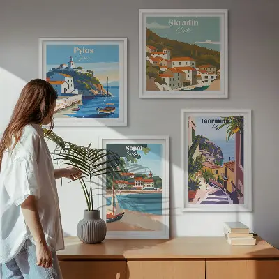 Pajūrio miestelių iliustracijos 4 paveikslų rinkinys su rėmais