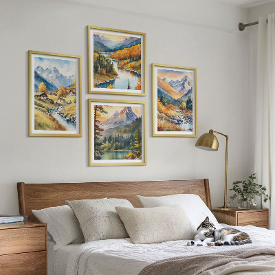 4 paveikslų rinkinys su rėmais Kalnų peizažas, upė, nameliai