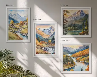 4 paveikslų rinkinys su rėmais kalnų peizažas su upe ir nameliais