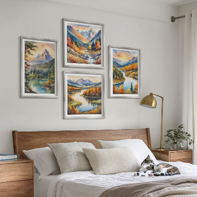4 paveikslų rinkinys su rėmais Kalnų peizažai su upe