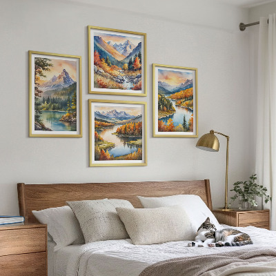 4 paveikslų rinkinys su rėmais Kalnų peizažai su upe