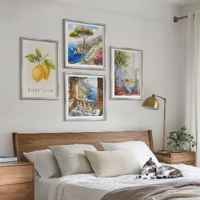 Paveikslų kompozicija ant sienos su Positano architektūros ir citrinų vaizdais