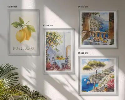 Paveikslų kompozicija ant sienos su Positano architektūros ir citrinų vaizdais