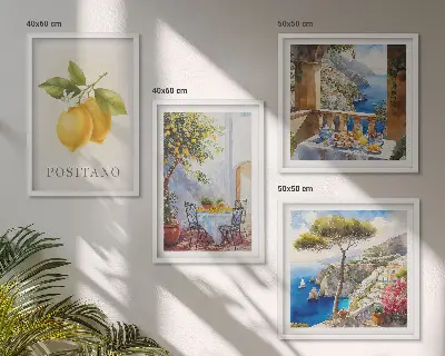 Paveikslų kompozicija ant sienos su Positano architektūros ir citrinų vaizdais