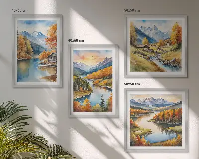 Rudens kalnų upės namelis 4 paveikslų rinkinys su rėmais