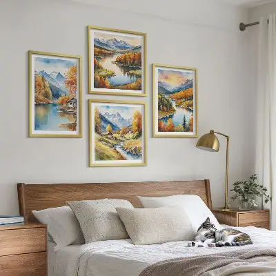 Rudens kalnų upės namelis 4 paveikslų rinkinys su rėmais