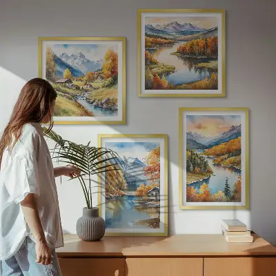 Rudens kalnų upės namelis 4 paveikslų rinkinys su rėmais