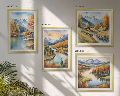 Rudens kalnų upės namelis 4 paveikslų rinkinys su rėmais