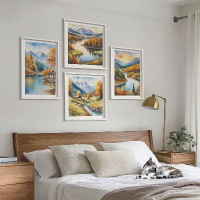 Rudens kalnų upės namelis 4 paveikslų rinkinys su rėmais