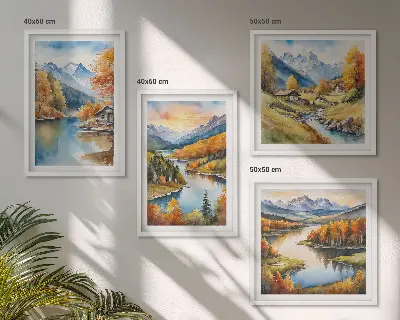 Rudens kalnų upės namelis 4 paveikslų rinkinys su rėmais