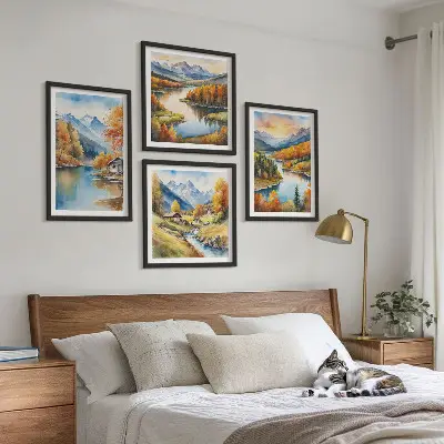 Rudens kalnų upės namelis 4 paveikslų rinkinys su rėmais