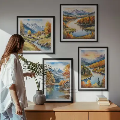 Rudens kalnų upės namelis 4 paveikslų rinkinys su rėmais