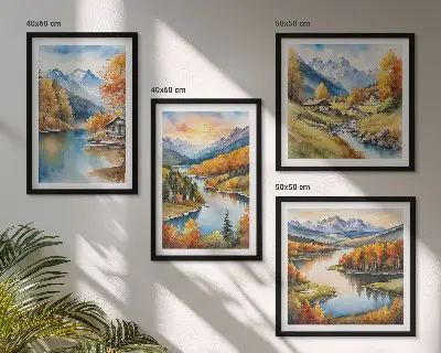 Rudens kalnų upės namelis 4 paveikslų rinkinys su rėmais