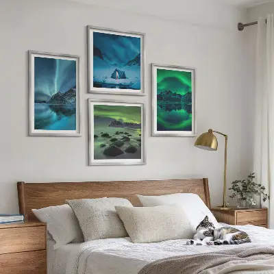 Žiemos peizažas su pašvaiste 4 paveikslų rinkinys su rėmais