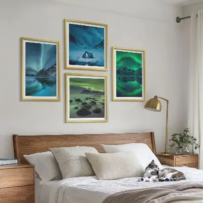 Žiemos peizažas su pašvaiste 4 paveikslų rinkinys su rėmais