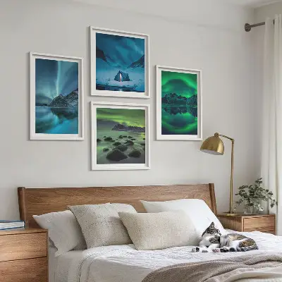 Žiemos peizažas su pašvaiste 4 paveikslų rinkinys su rėmais