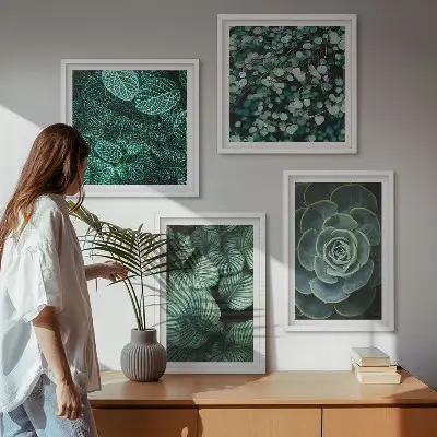 Žalių sukulentų lapų paveikslų rinkinys 4 dalių rinkinys su rėmais