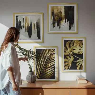 Daugiadalis paveikslas su rėmu abstrakčios monstera palmės lapų kompozicijos