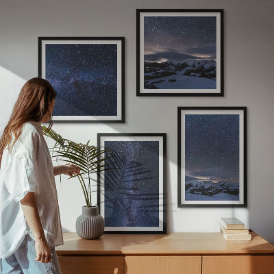 4 paveikslų rinkinys su rėmais Naktinis kalnų dangus, žvaigždės
