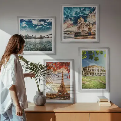 Europos paminklai šiltomis spalvomis 4 paveikslų rinkinys su rėmais