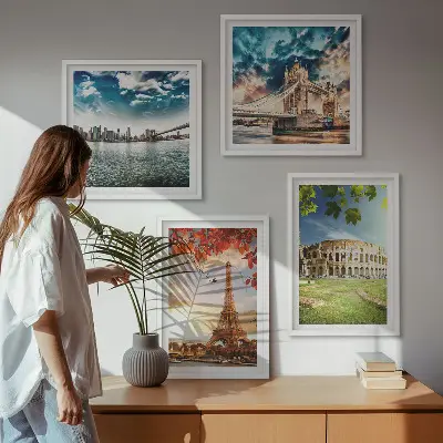 Europos paminklai šiltomis spalvomis 4 paveikslų rinkinys su rėmais