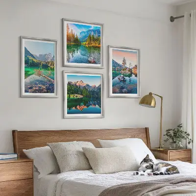 Kalnų ežerų gamtos peizažas 4 paveikslų rinkinys su rėmais