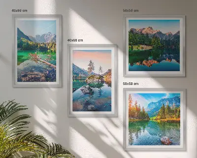 Kalnų ežerų gamtos peizažas 4 paveikslų rinkinys su rėmais