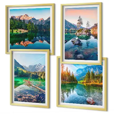 Kalnų ežerų gamtos peizažas 4 paveikslų rinkinys su rėmais