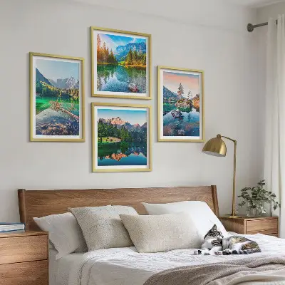 Kalnų ežerų gamtos peizažas 4 paveikslų rinkinys su rėmais