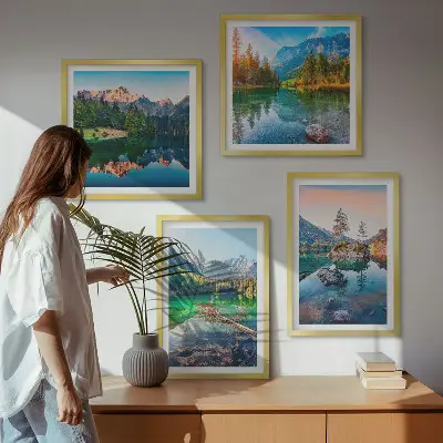 Kalnų ežerų gamtos peizažas 4 paveikslų rinkinys su rėmais