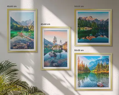 Kalnų ežerų gamtos peizažas 4 paveikslų rinkinys su rėmais