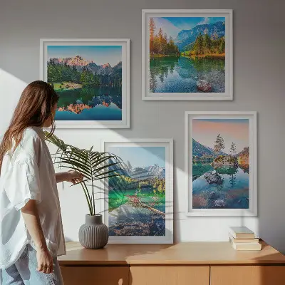 Kalnų ežerų gamtos peizažas 4 paveikslų rinkinys su rėmais