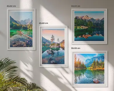 Kalnų ežerų gamtos peizažas 4 paveikslų rinkinys su rėmais