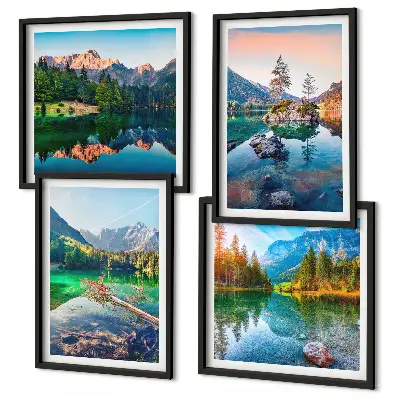Kalnų ežerų gamtos peizažas 4 paveikslų rinkinys su rėmais