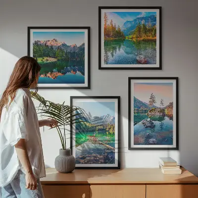 Kalnų ežerų gamtos peizažas 4 paveikslų rinkinys su rėmais
