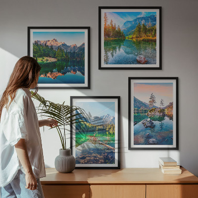 4 paveikslų rinkinys su rėmais Kalnų ežerų gamtos peizažas