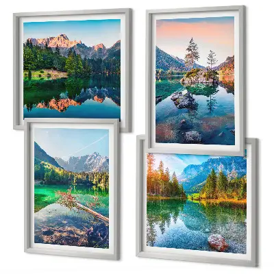 Kalnų ežerų gamtos peizažas 4 paveikslų rinkinys su rėmais