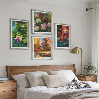 4 paveikslų rinkinys su rėmais Rudens spalvos lelijų tvenkinys