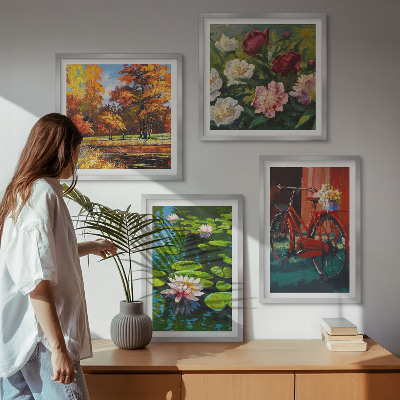 4 paveikslų rinkinys su rėmais Rudens spalvos lelijų tvenkinys