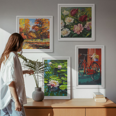 4 paveikslų rinkinys su rėmais Rudens spalvos lelijų tvenkinys