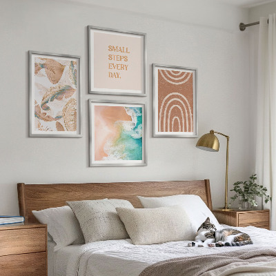 4 paveikslų rinkinys su rėmais Subtilūs boho lapų užrašai